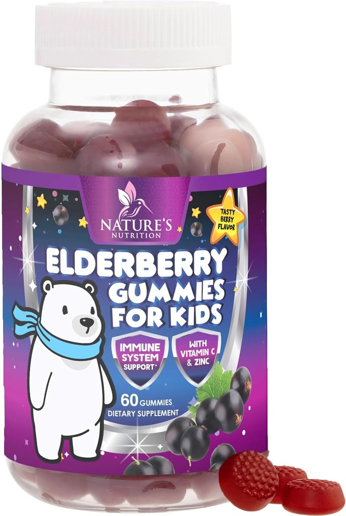 Kids Immunity Support Elderberry Gummies - Daily Children 's Vitamin C, Zink & Kids Immunity Support Gummy - Nature' s Sambucus Elderberry Supplement, Vegan, Gluten- Free, Tasty Berry Flavor - 60 Gummies