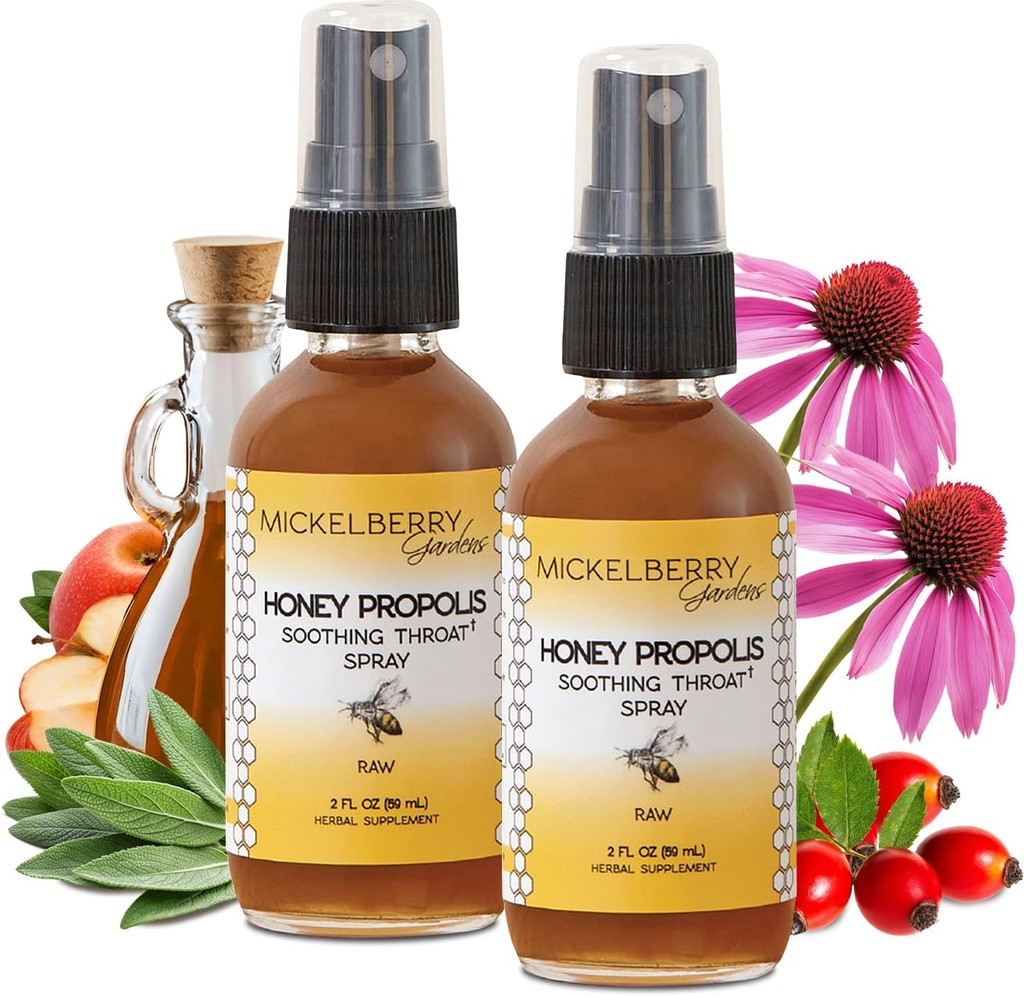 Mickelberry Gardens Honey Propolis Throat Spray - Lindrende Sore Throat Relief & Propolis Immunstøtte til voksne & Børn - Urte- og honningformel (2 oz, 2 Pack)