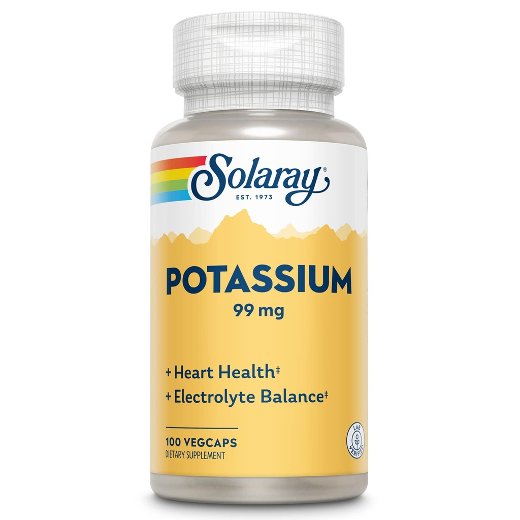 Solaray Kalium 99 mg - Electrolyte Balance Formel - Kalium supplement til elektrolyter, vaskulære og hjerte sundhed støtte - 60-dages pengene tilbage garanti, Lab Verified, 100 Servere, 100 VegCaps