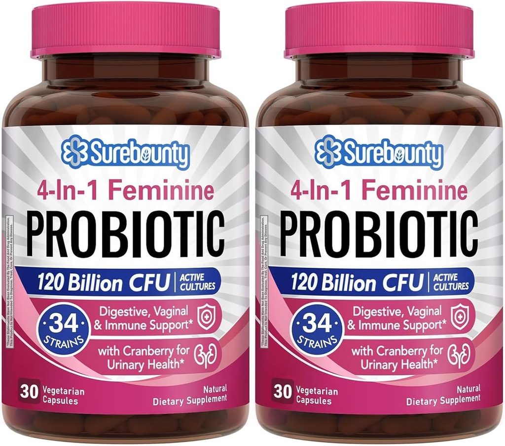 Probiotika til kvinder, 120 Millioner CFU 34 Strops, Prebiotika, fordøjelsesenzymer, tranebær, 4-in-1 Feminin Probiotika, fordøjelsesfremmende, vaginal, immunforsvar, 60ct (pakke med 2)