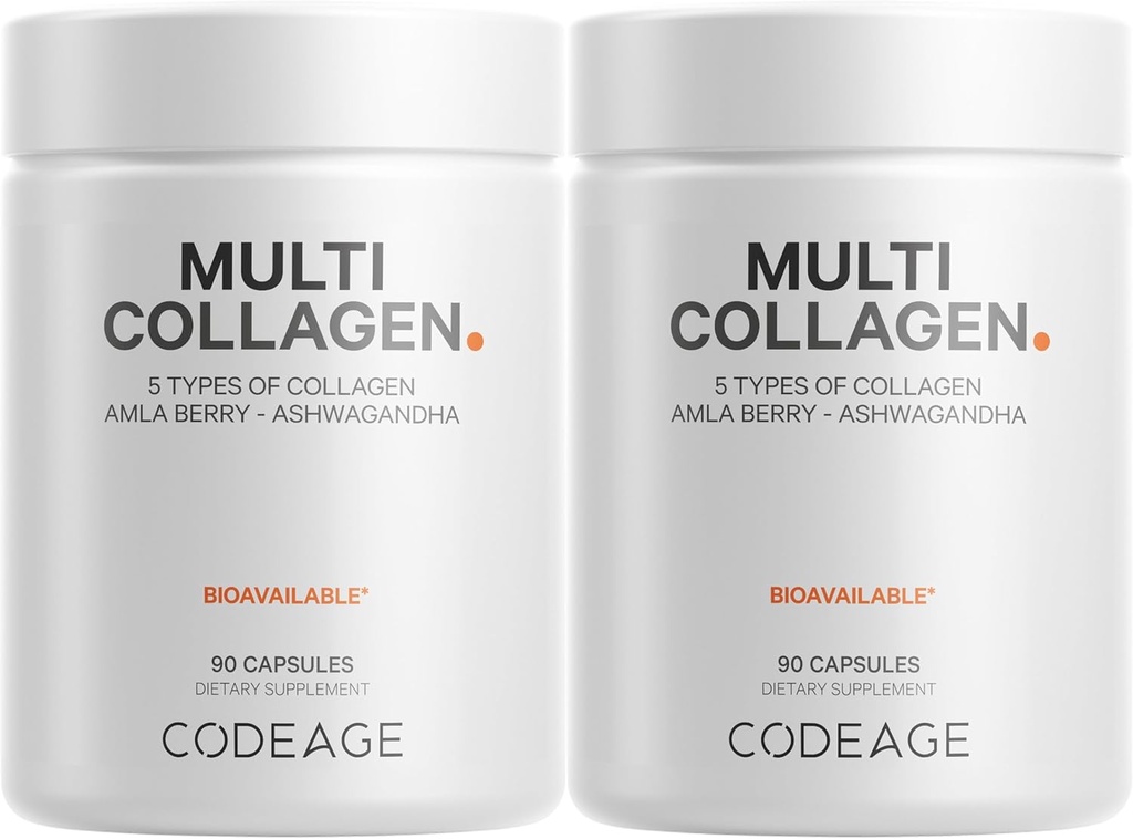 Codeage Multi Collagen kapsler - 5 kollagen type I, II, III, V & X - Hydrolyzed Grass- Fed Bovine Protein med Ashwagandha, Amla, og vitaminer - 2 -Pack