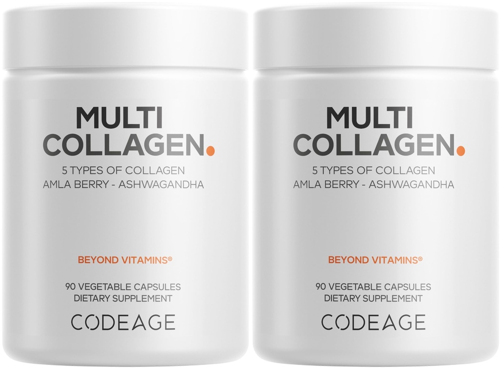 Codeage Multi Collagen kapsler - 5 kollagen type I, II, III, V & X - Hydrolyzed Grass- Fed Bovine Protein med Ashwagandha, Amla, og vitaminer - 2 -Pack
