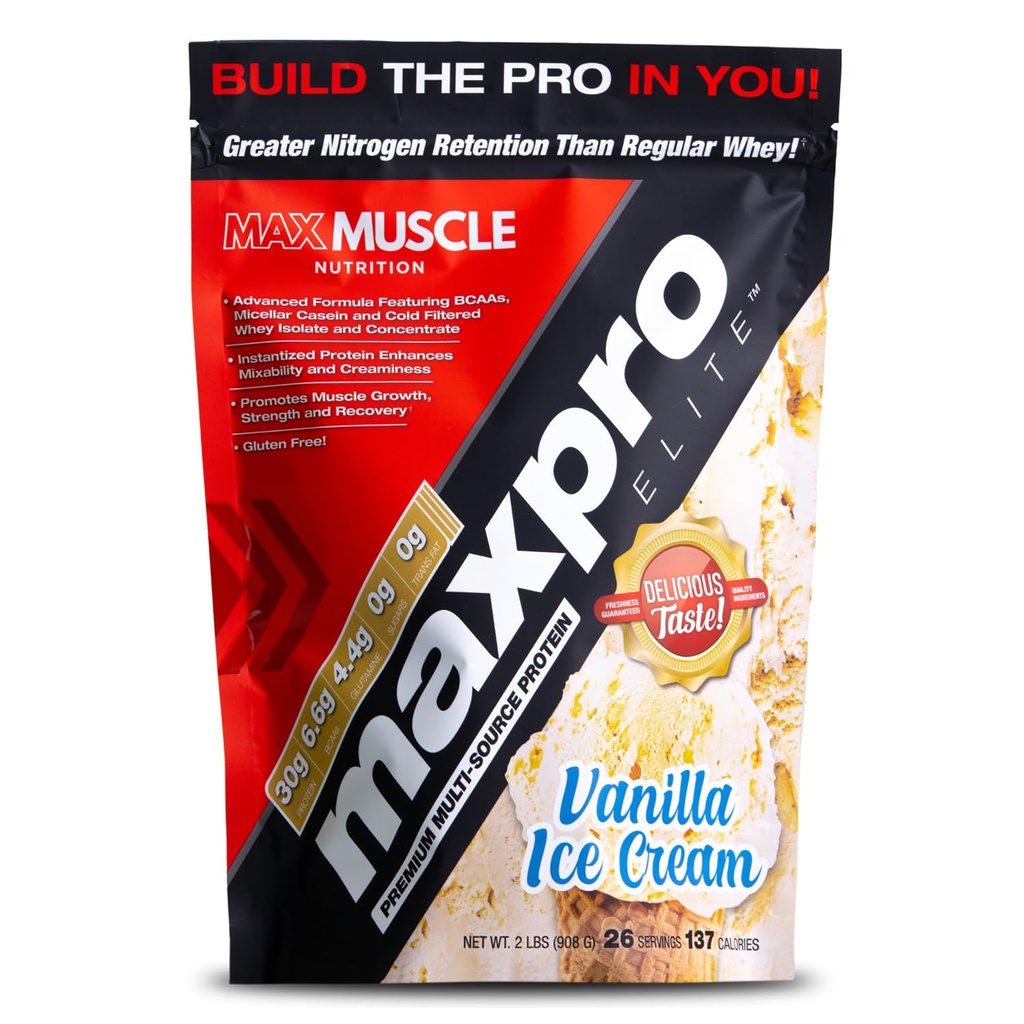 Max Muscle Maxpro Elite Whey Protein Powder Medical 124; 30g Protein Medical 124; 0g Sugar Medical 124; 6,6g BCAAs Medical 124; Micellar Casein Cold Filtered Whey Isolate Protein Medical Growth & Recovery (Vanilla Ice Cream 2lb)