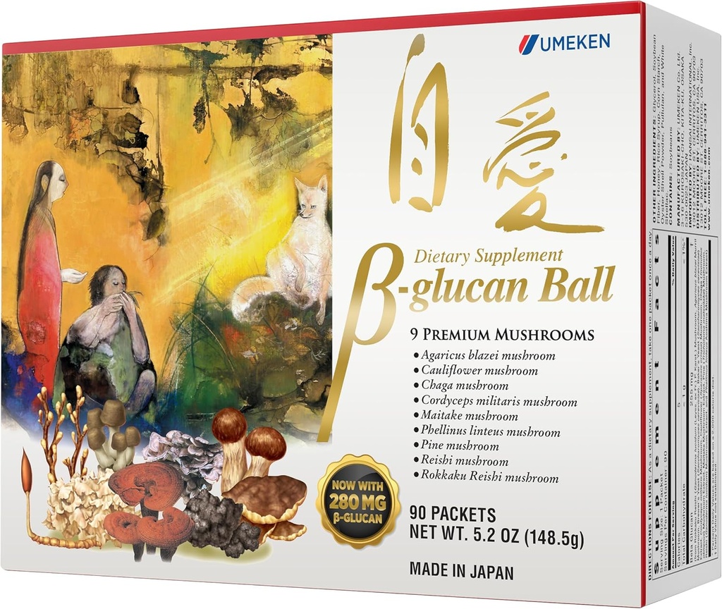 Umeken Beta glucan, immunboost, champignon ekstrakt, Kosttilskud, Blend af 9 Premium Mushroom ekstrakt pakker, Let at tage Beta glucan kosttilskud, 3 måneders levering, 90 Count Box, pakke med 1