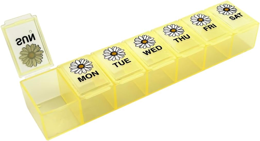 EZY DOSE Weekly (7-Dag) Daglig Pill Case, Medicine Planner, Vitamin Organizer, Supplement Container, Store kompartmenter, Gul Daisy Days Design, Easy- to- Open, Travel- Friendly, BPA Free