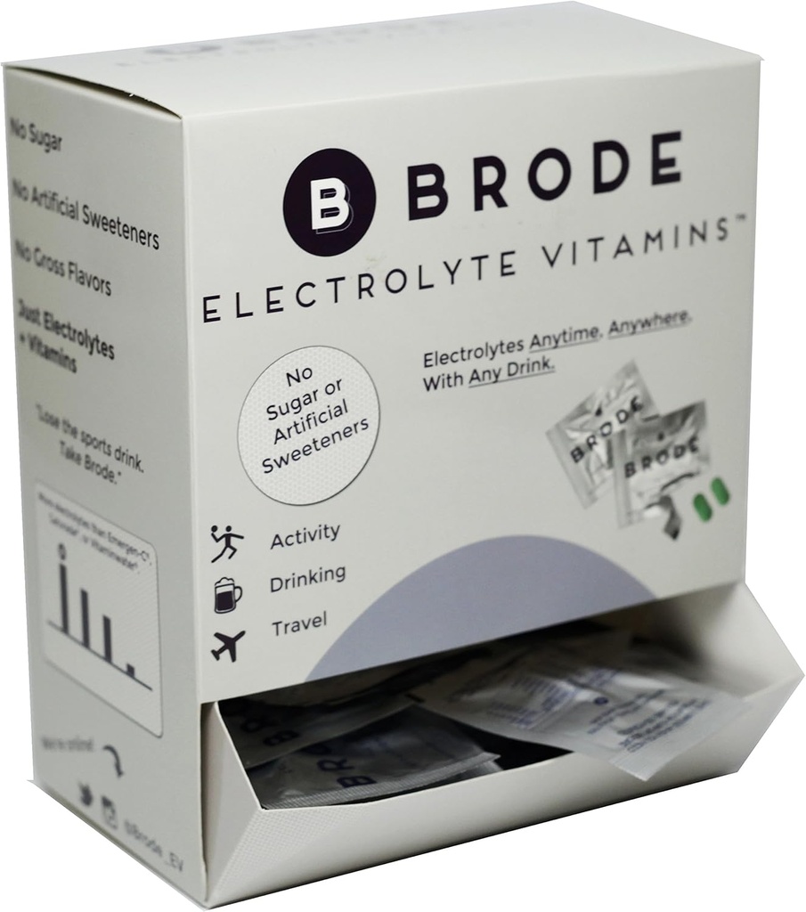Brode Electrolyte Vitamin - Transportable Zero- Sugar Electrolyte Tablets - for Sport, Nightlife, Jet Lag, 5 Essential Electrolytes + 9 Vitamin 100- Pakninger