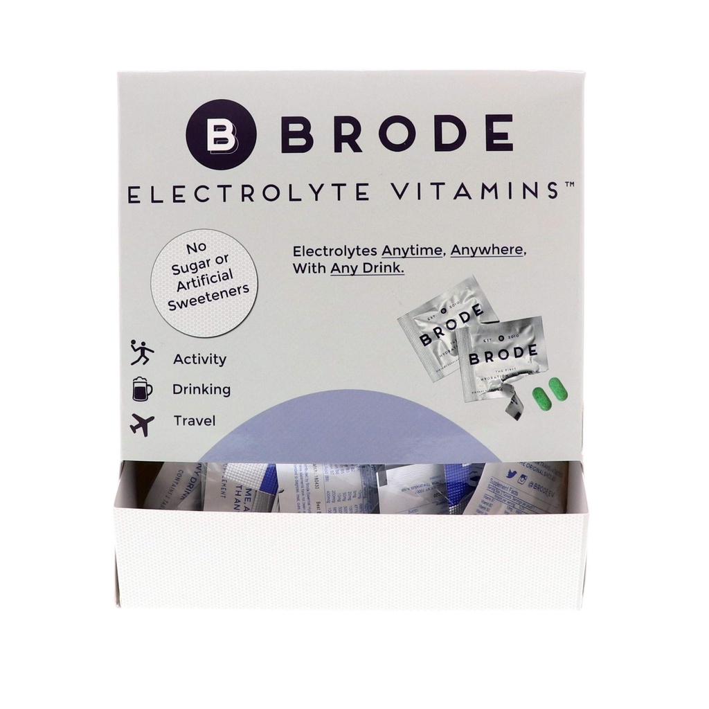 Brode Electrolyte Vitamin - Transportable Zero- Sugar Electrolyte Tablets - for Sport, Nightlife, Jet Lag, 5 Essential Electrolytes + 9 Vitamin 100- Pakninger