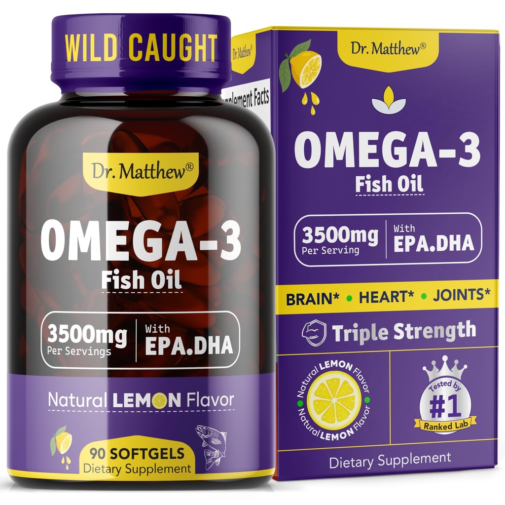 Omega-3 Fish Oil, 3500 mg, High EPA & DHA - Ingen Fishy Taste, Nem at synke, Burpless, Natural Lemon - Understøtter hjerte, hjerne & fælles sundhed - 90 Softgels - Wild fanget.