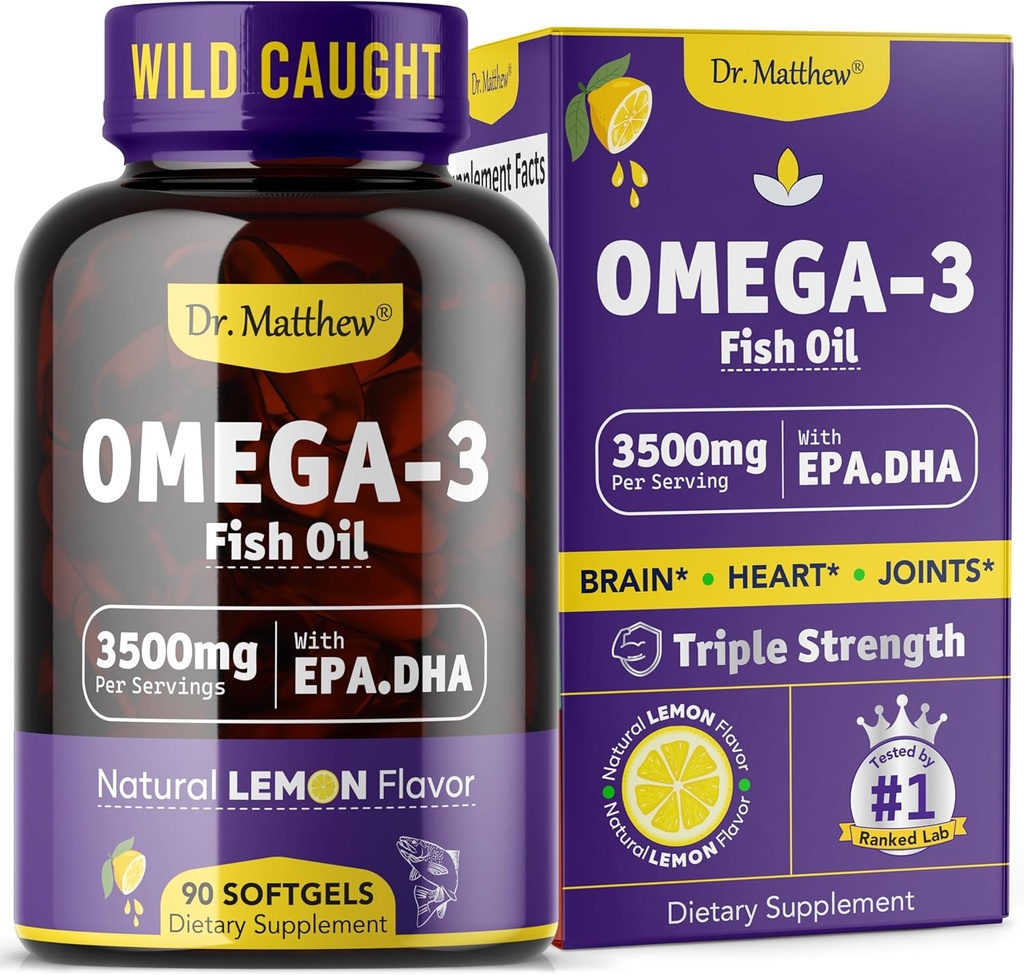 Omega-3 Fish Oil, 3500 mg, High EPA & DHA - Ingen Fishy Taste, Nem at synke, Burpless, Natural Lemon - Understøtter hjerte, hjerne & fælles sundhed - 90 Softgels - Wild fanget.