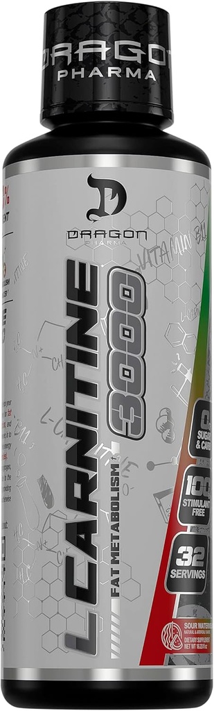 DRAGON PHARMA L-Carnitine 3000, Amino Acid Supplement, Increase Available Energy and Workout Harder, Supports Appetite Control (32 Servings, Sour Watermelon)
