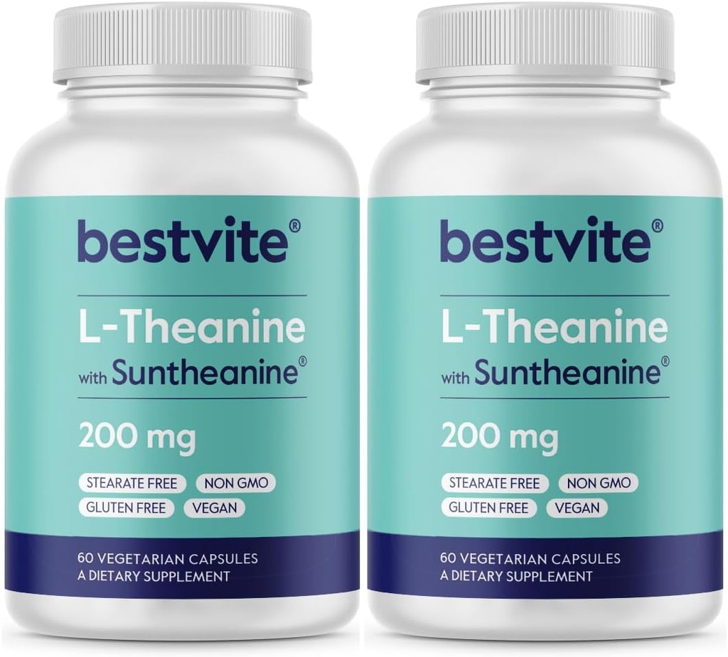 BESTVITE Double Strength Suntheanine L- Theanine 200mg - Patenteret og klinisk undersøgt - 120 Vegetariske Kapsler (2 x 60) - Vegan - Ingen Stearates - Non GMO - Gluten Free - Afslapning Support
