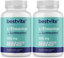 BESTVITE Double Strength Suntheanine L- Theanine 200mg - Patenteret og klinisk undersøgt - 120 Vegetariske Kapsler (2 x 60) - Vegan - Ingen Stearates - Non GMO - Gluten Free - Afslapning Support