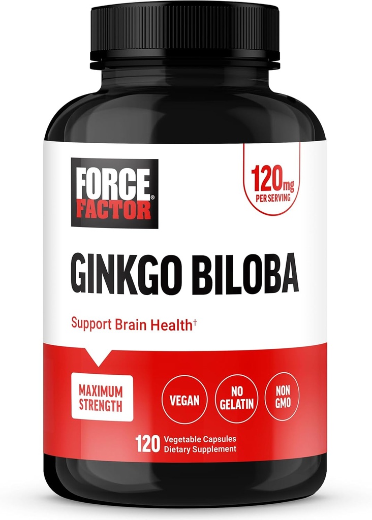 FORCE FACTOR Ginkgo Biloba 120mg, Brain Health supplement for voksne, maksimal styrke Ginko Brain Support og kognitiv supplement, Vegan, Non- GMO, 120 kapsler