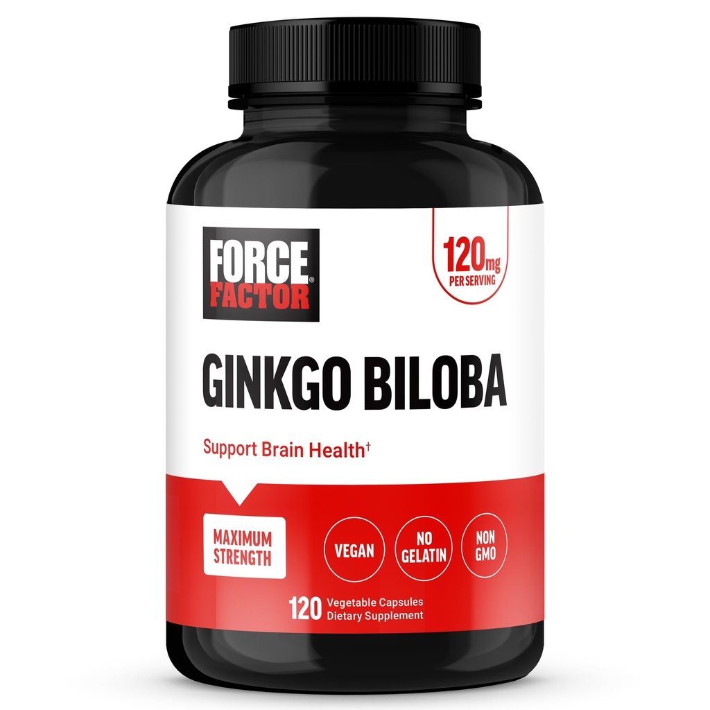 FORCE FACTOR Ginkgo Biloba 120mg, Brain Health supplement for voksne, maksimal styrke Ginko Brain Support og kognitiv supplement, Vegan, Non- GMO, 120 kapsler