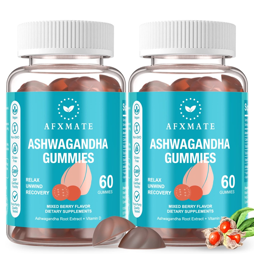 AFXMAT Ashwagandha Gummies & Vitamin D Gummies for Mænd & Kvinder 120 Count Aswangdha Supplement (non-GMO, Sugar Free & Gluten Free)