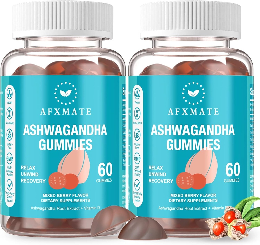 AFXMAT Ashwagandha Gummies & Vitamin D Gummies for Mænd & Kvinder 120 Count Aswangdha Supplement (non-GMO, Sugar Free & Gluten Free)