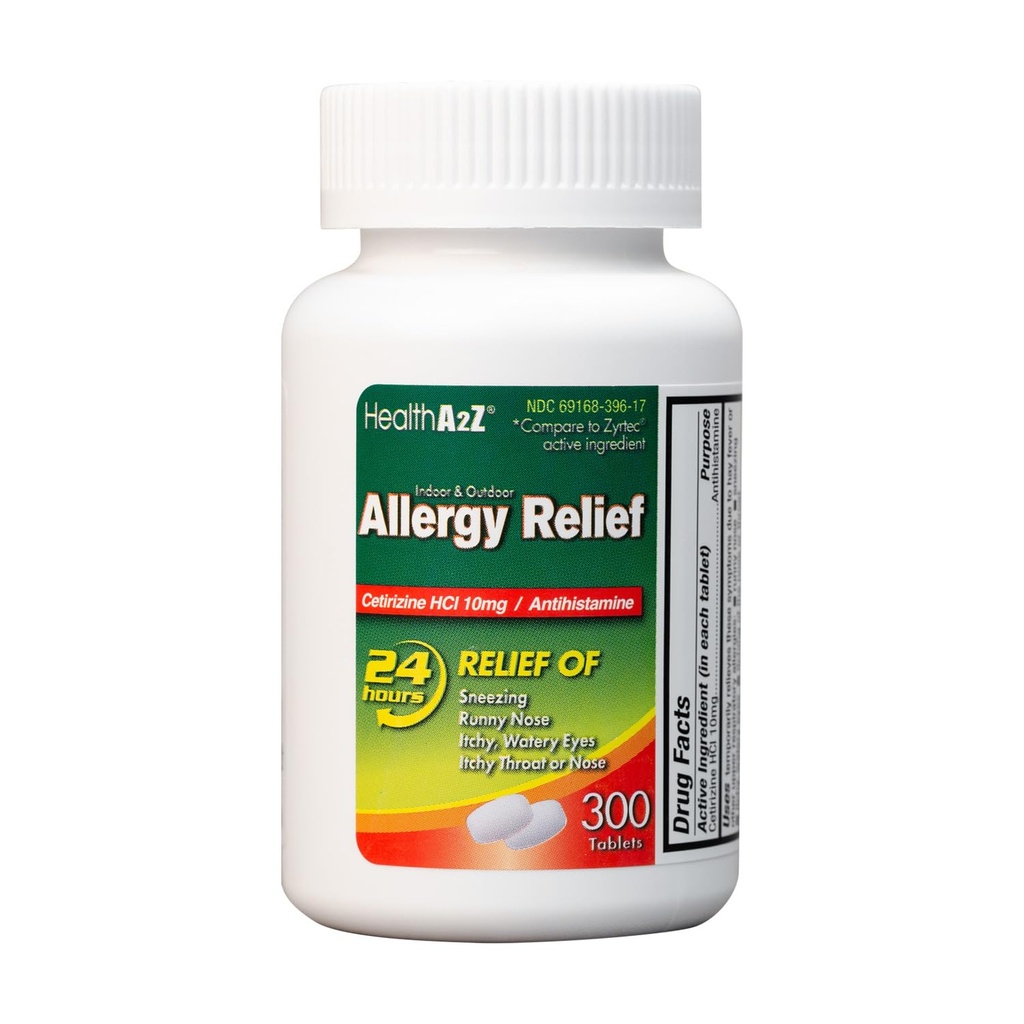 HealthA2Z ® Allergy Relief • 124; Cetirizine 10mg • 124; Hele dagen • Allergy Relief • 124; Indendørs & Udendørs • 124; Relief fra Itchy That, Nysen, Runny Noses (300 Count (pakke med 1))