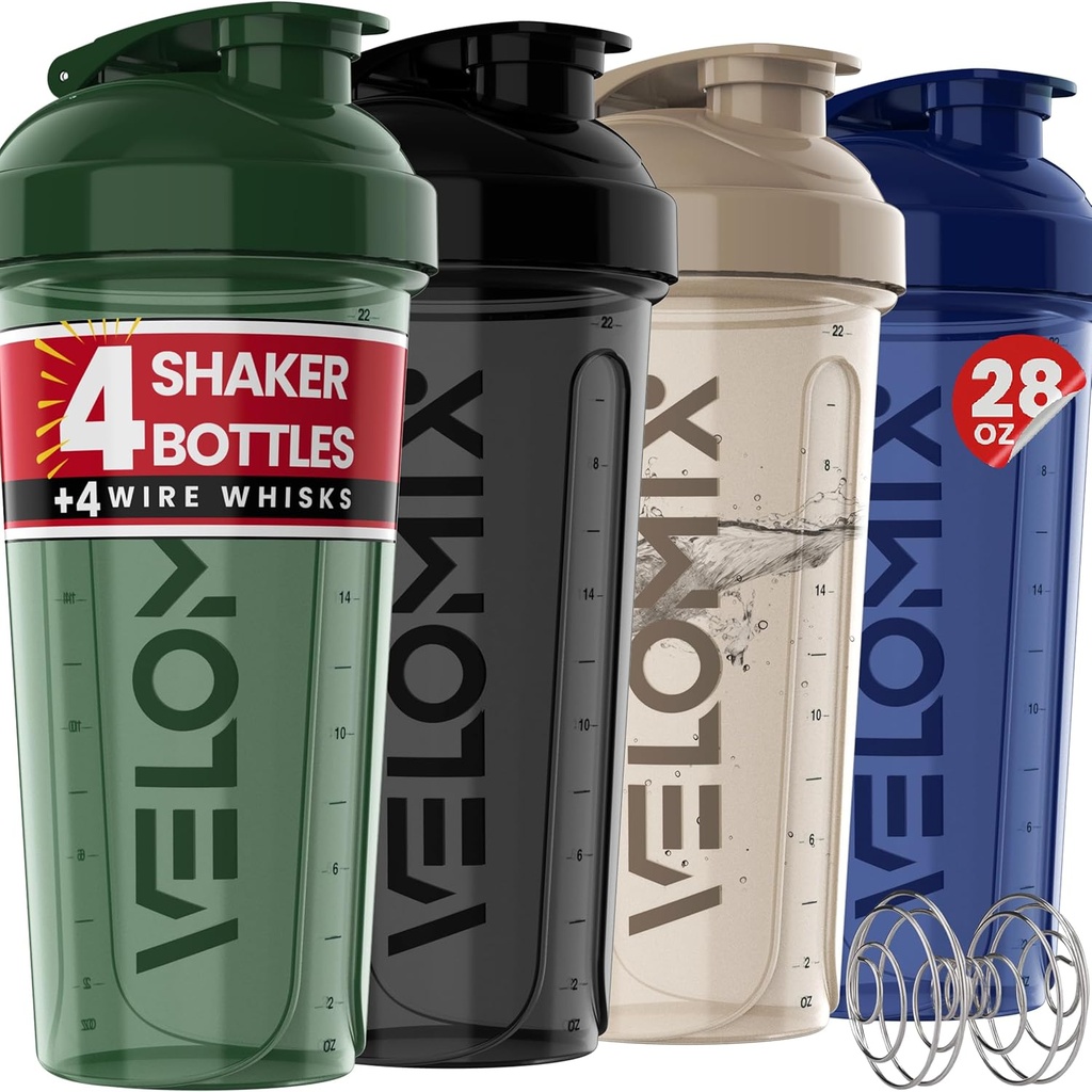VELOMIX -4 pakning - 28 oz shaker cups for Protein Shakes - 4x Wire Whisk - 124; læk proof Protein Shaker flasker for Protein Mixes - 124; Protein Shaker Flaske pack 124; mixer til Protein Shakes (Forest Edge)