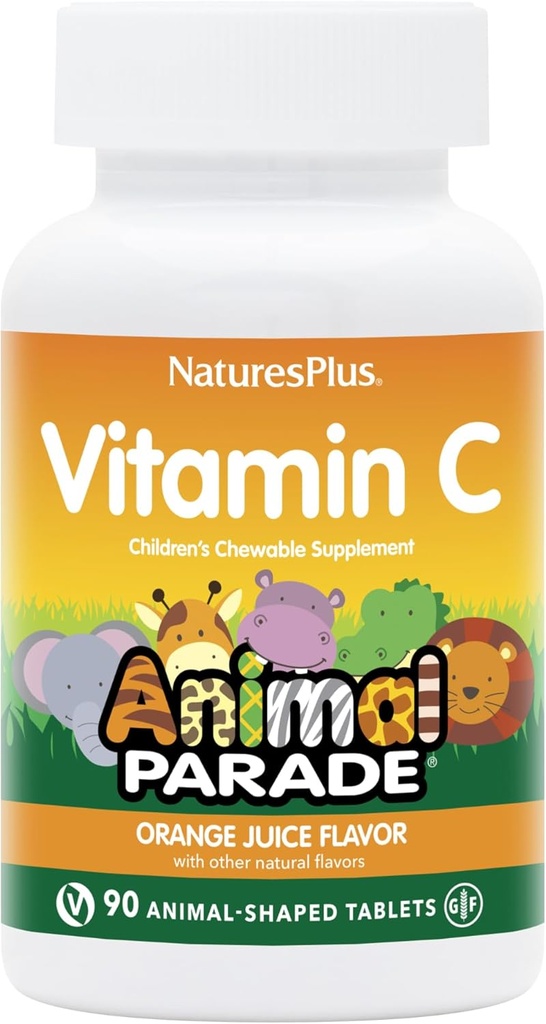 NaturesPlus Animal Parade Vitamin C Children's Chewable - Natural Orange Juice Flavor - 90 Animal-Shaped Tablets, Pack of 2 - Vegan, Vegetarian, Gluten Free - 90 Total Servings