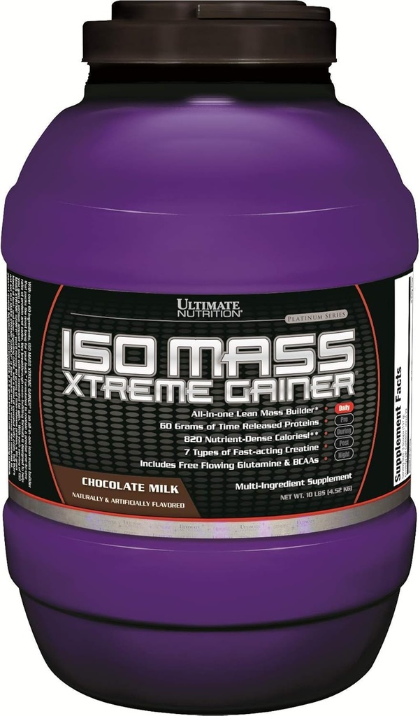 Ultimate Nutrition ISO Mass Xtreme Gainer, Vægt Gainer Protein Pulver med Creatin, 60 Bedste Protein, Whey isolere Protein Pulver til Lean MuskelGain, 10 LBS med 30 Servere, Chokolade