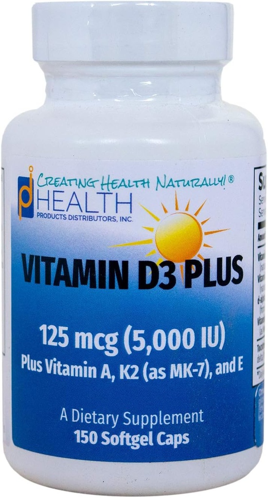 VITAMIN D3 PLUS - 125 mcg (5000 IE) D3- vitamin 124; vitamin K2 (MK- 7) og vitamin A - 124; naturlig form af D-vitamin 124; omfatter tocotrienoler som antioxidanter; ikke-GMO-præparater 124; 150 Softgel Caps