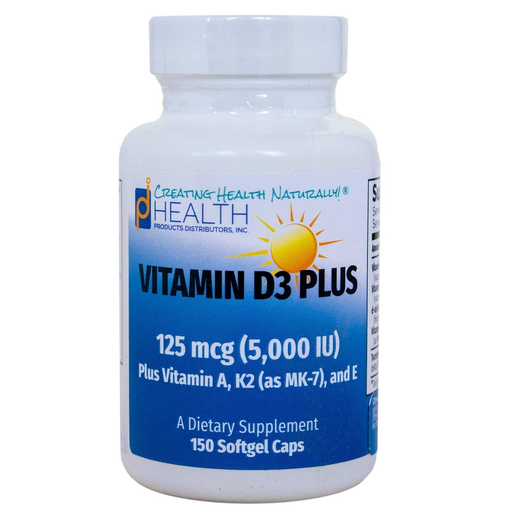 VITAMIN D3 PLUS - 125 mcg (5000 IE) D3- vitamin 124; vitamin K2 (MK- 7) og vitamin A - 124; naturlig form af D-vitamin 124; omfatter tocotrienoler som antioxidanter; ikke-GMO-præparater 124; 150 Softgel Caps