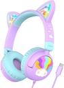 iClever Kids Headphones USB C, LED Light Up, 85dBA Safe Volume, Stereo Sound Toddler Headphones til Travel School, Kids Headphone med Cord til iPad Tablets, Meow Lollipop- Purple