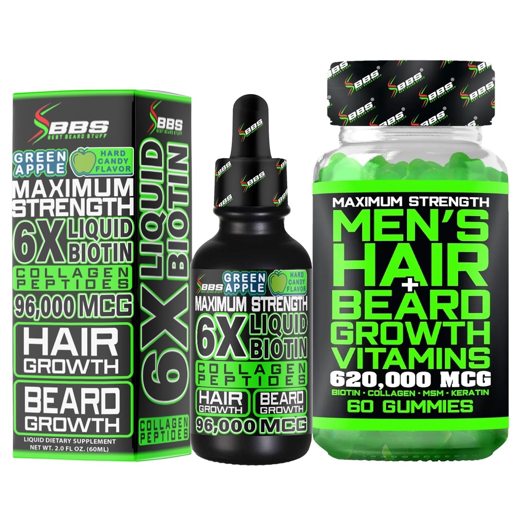 Beard Growth Kit w / 6X Liquid BIOTIN Supplement med Collagen Peptider + 620.000mcg 14- in-1 BIOTIN Gummies / Beard Growth Vitaminer & Hårvækst Vitaminer for mænd - Formuleret i Amerika