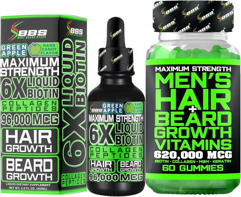 Beard Growth Kit w/ 6X Liquid BIOTIN Supplement with Collagen Peptides + 620,000mcg 14-in-1 BIOTIN Gummies/Beard Growth Vitamins & Hair Growth Vitamins for Men - Formulated in America