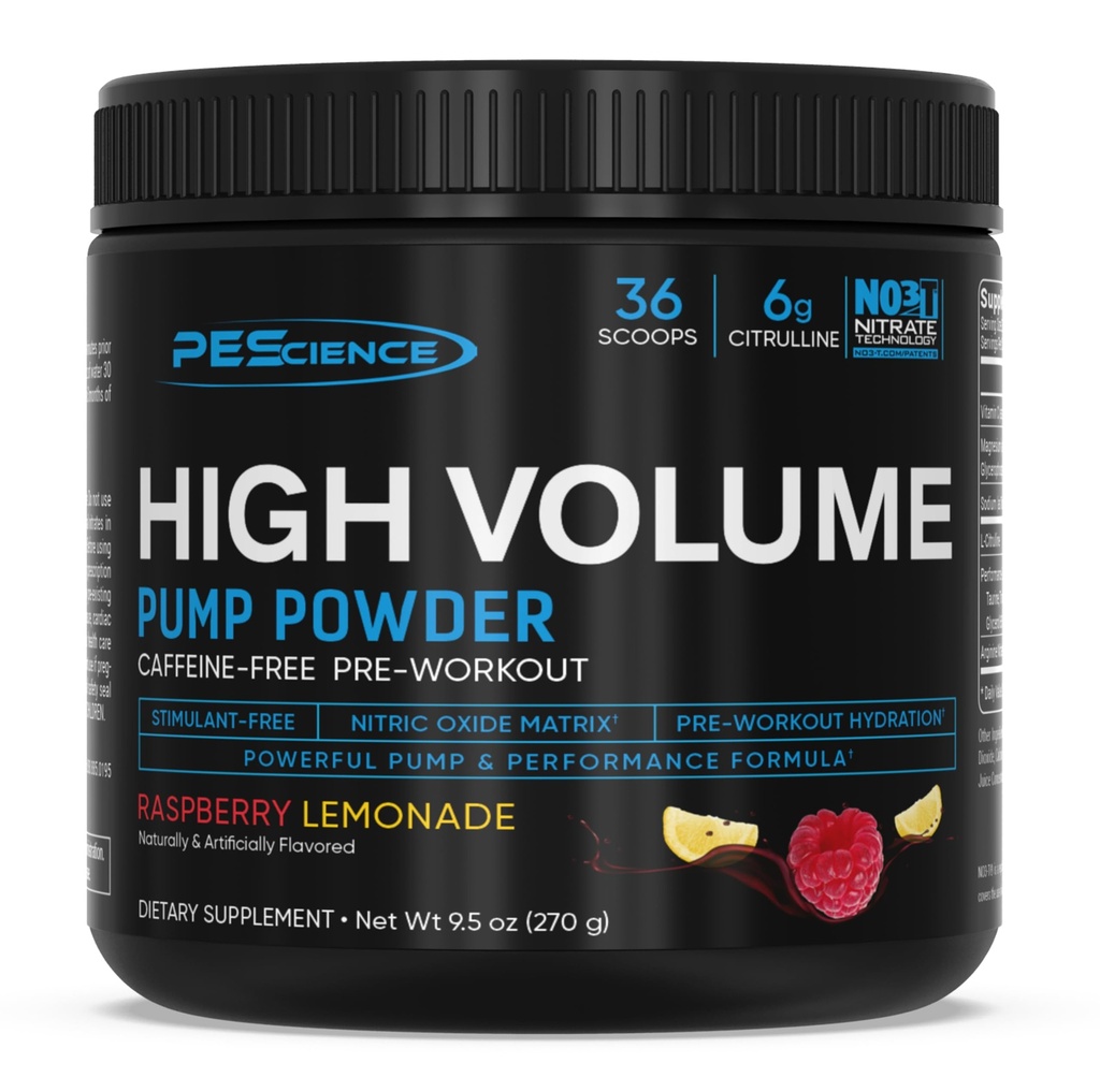 PEScience High Volume Stimulering - Gratis Pre Workout, Nitric Oxide Booster med L Citrullin & L Arginin Nitrate, Non- Stim Preworkout for mænd og kvinder, 36 Scoops, Raspberry Lemonade