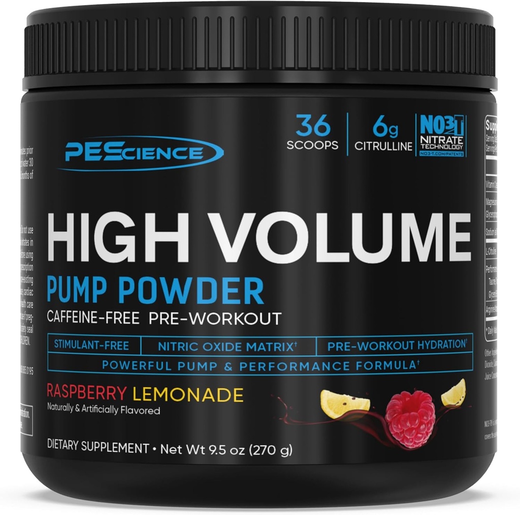 PEScience High Volume Stimulering - Gratis Pre Workout, Nitric Oxide Booster med L Citrullin & L Arginin Nitrate, Non- Stim Preworkout for mænd og kvinder, 36 Scoops, Raspberry Lemonade