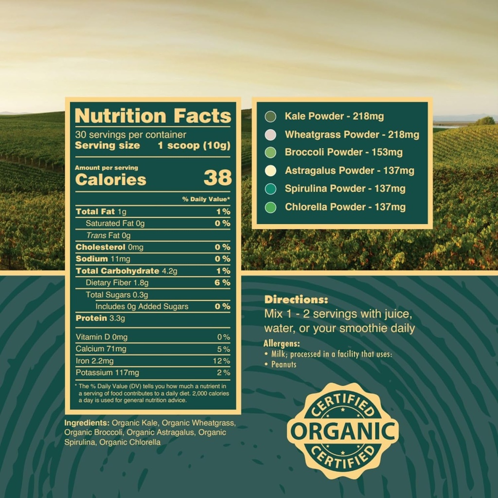 Organic Green Superfood Powder, USA Grown - Kale, Alfalfa Grass, Wheatgrass, Barley Grass, Astragalus, Spirulina, Oat Grass & Chlorella, USA Grown (10,6 oz, 1 måned Supply)