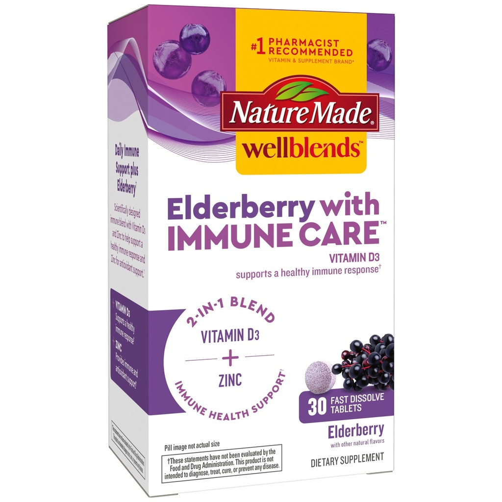 Nature Made Wellblends Elderberry med ImmuneCare, D3- vitamin og zink, med Elderberry Flavor, 30 Fast Opløs tabletter