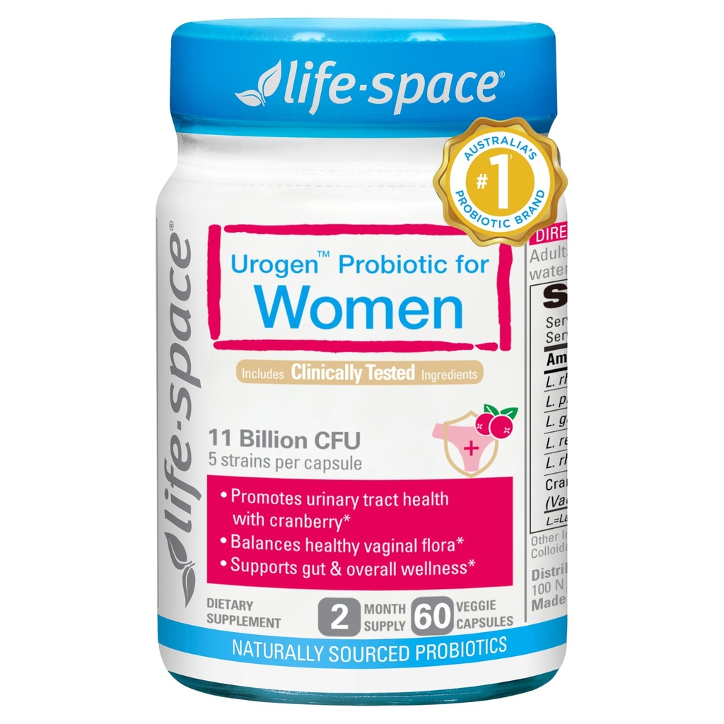 Life- Space Urogen Probiotic med Cranberry for Urinary Tract Health, Women 's Probiotic med Lactobacillus rhamnosus & reuteri. For Vaginal Health, 11 milliarder CFU per kapsel, 2-måned Servering-60 kapsler
