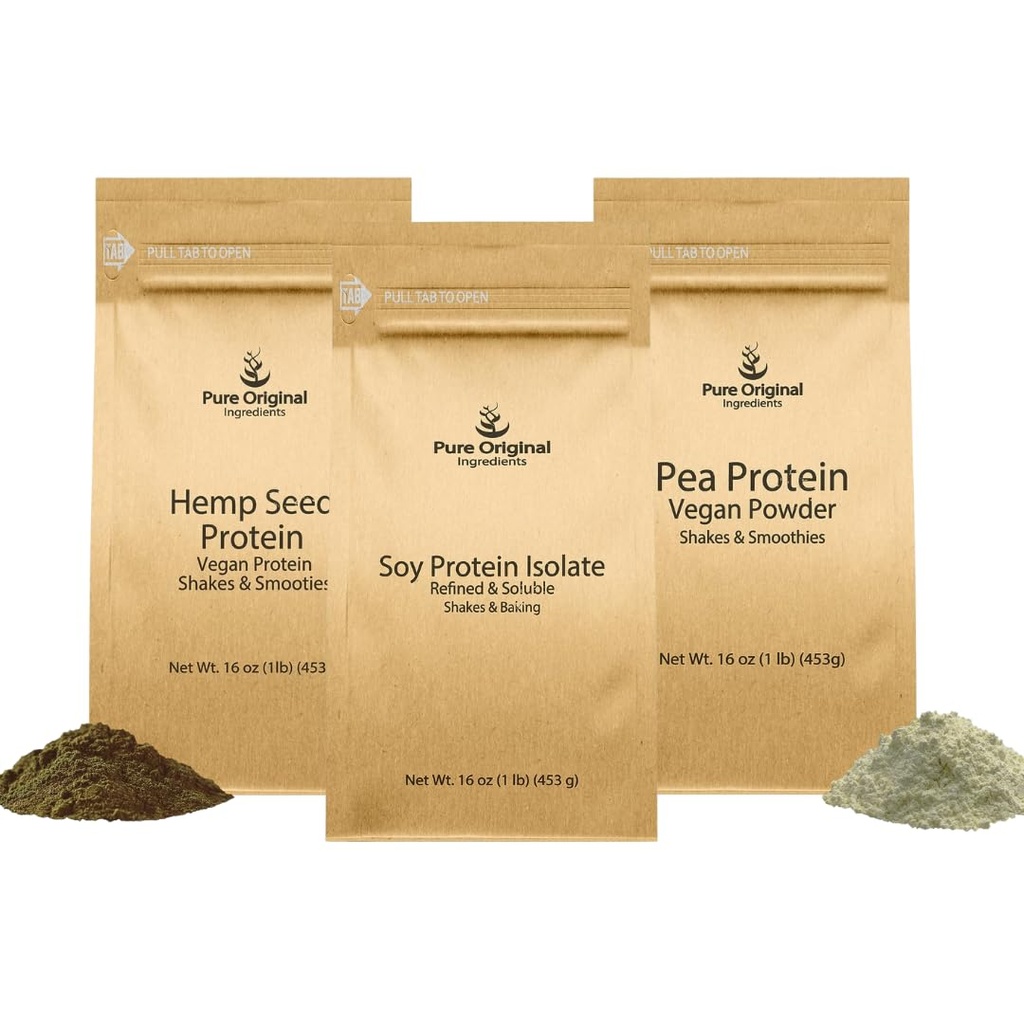 PURE ORIGINAL INGREDIENSER Pea Protein Powder, Soy Protein Powder, og Hamp Seed Protein Powder Bundle, 1 LB Hver, Soothies & Shakes, Vegan