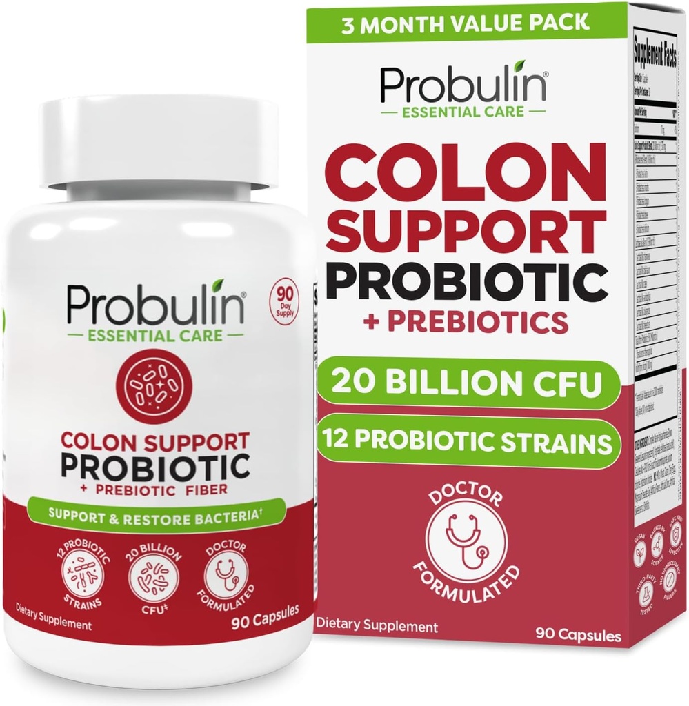 Probulin Colon Support Probiotisk tillæg, daglig Gut, fordøjelsesbesvær, og immunforsvar Probiotika kapsler til mænd og kvinder, 20 milliarder CFU, Vegan, 90 Count Flaske