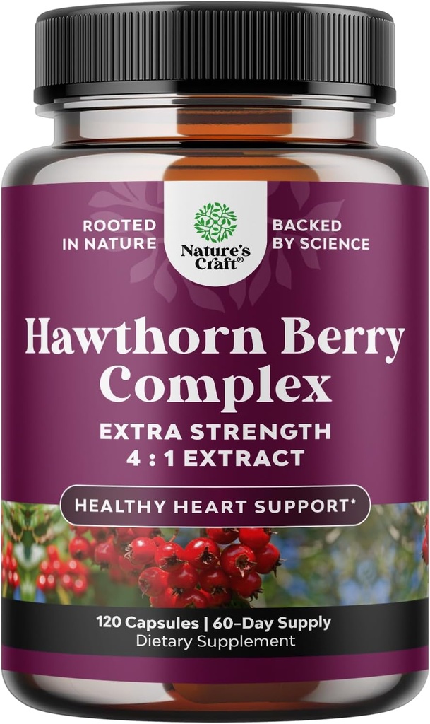 Høj styrke Hawthorn Berry kapsler - Pure Antioxidant Hawthorn Berry tillæg med Leaf & Flower Extract 4: 1 for sund hjerte & fordøjelse - Energistøtte til mænd og kvinder - 120 Count Pack