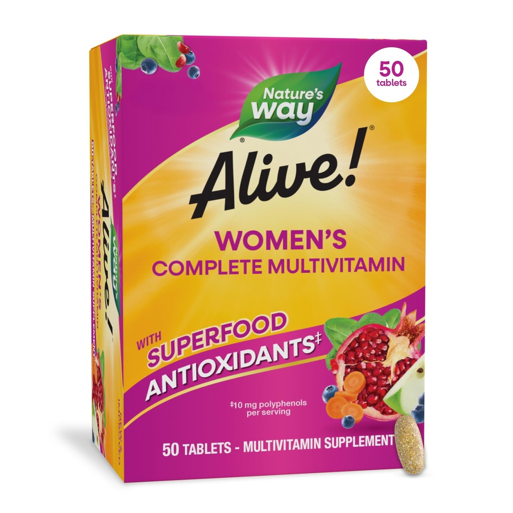 Nature's Way Alive! Complete Multivitamin for Women, Daily Women’s Vitamin Supports Cellular Energy Metabolism, Hair, Skin & Nails*, B-Vitamins, with Superfood Antioxidants, 50 Tablets