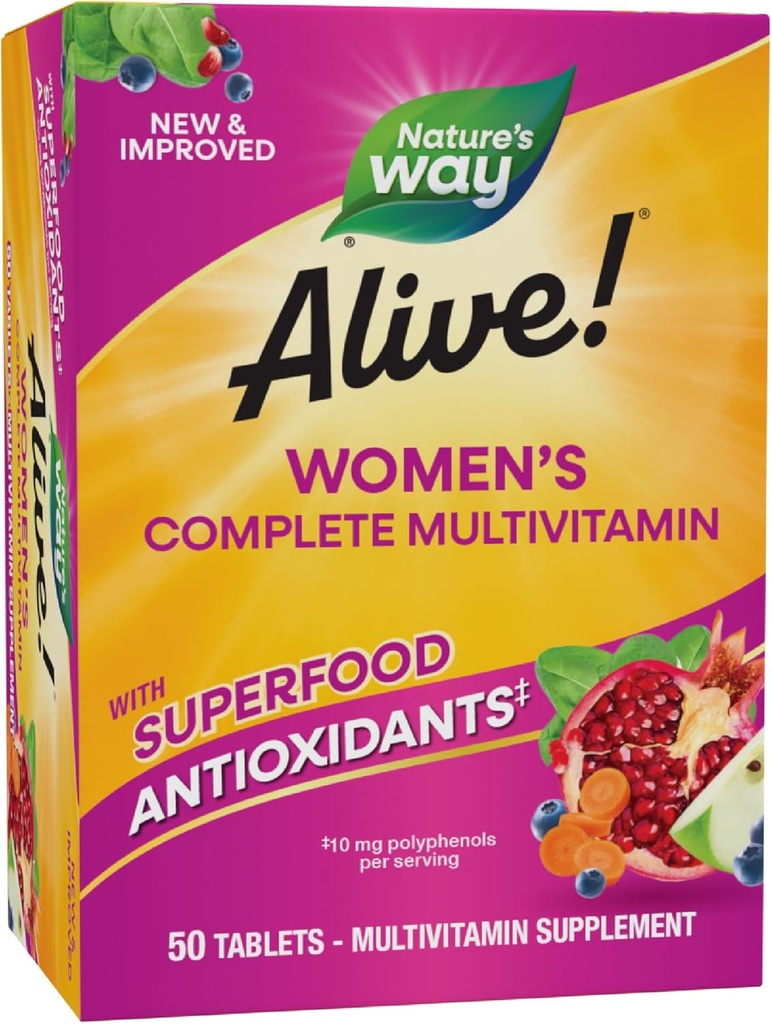 Naturen er i live! Daglig Komplet Multivitamin til kvinder, understøtter energi Metabolisme, hår, hud og negle *, B- vitaminer, superfood antioxidanter, 50 tabletter (Packaging May Vary)