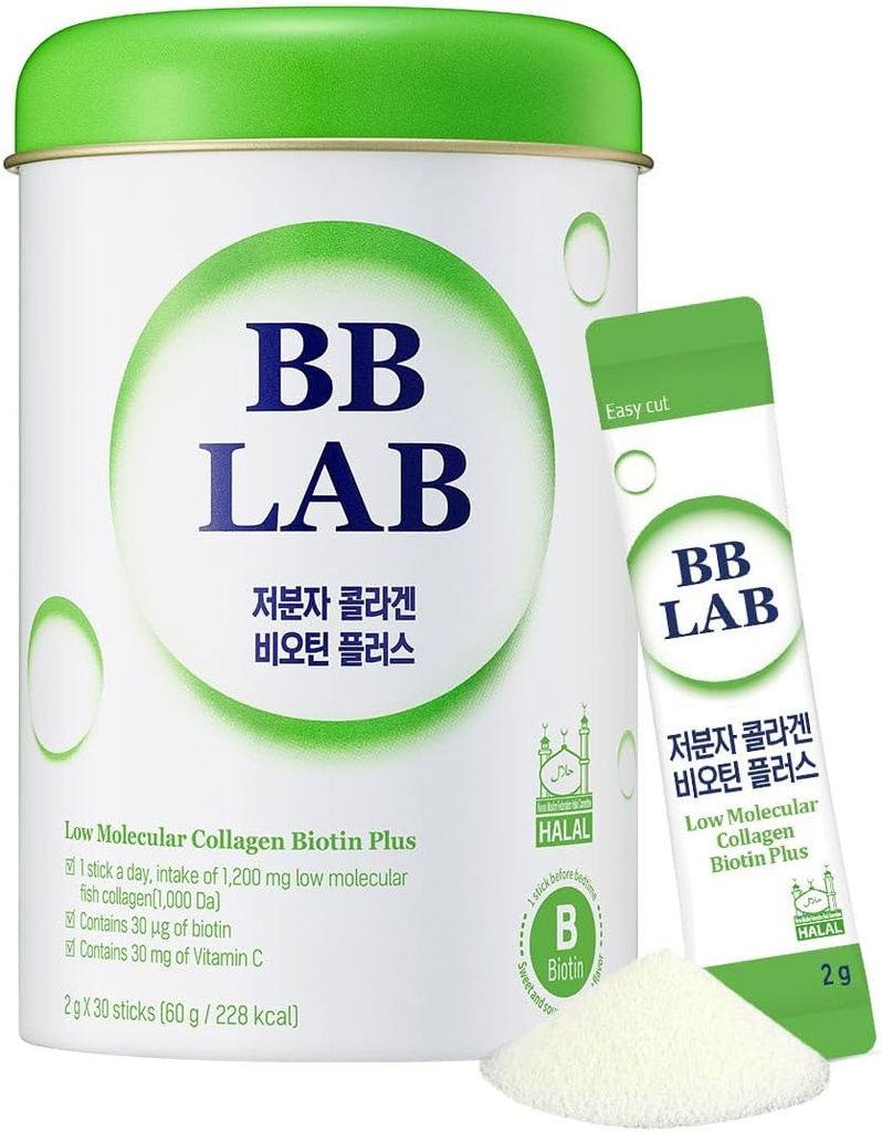 BB LAB Low Molecular Collagen Biotin Plus, Halal Collagen, Powder Supplement, Koreansk Marine Collagen, Fish Collagen Peptider, Biotin, C-vitamin, Fast Absorption, Shine Muscat Flavor