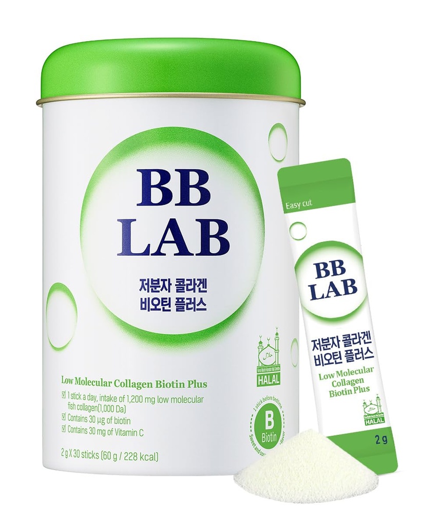 BB LAB Low Molecular Collagen Biotin Plus, Halal Collagen, Powder Supplement, Koreansk Marine Collagen, Fish Collagen Peptider, Biotin, C-vitamin, Fast Absorption, Shine Muscat Flavor
