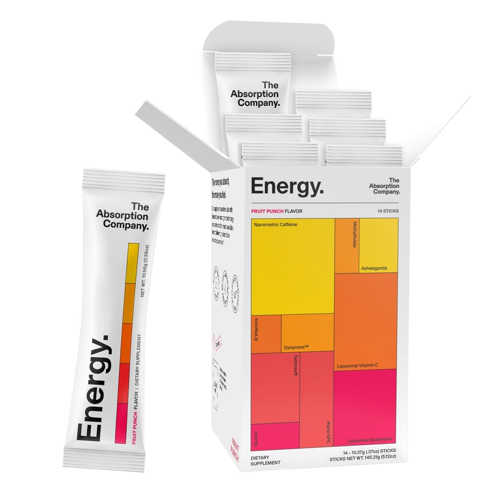 Absorption Company Energy Drink Powder Mix Pakninger - Clean Energy Booster til at understøtte Alerness med 150mg Natural Koffein & C-vitamin - Fruit Punch Flavor, 14 sticks