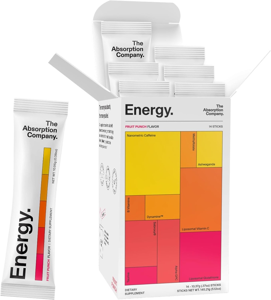 Absorption Company Energy Drink Powder Mix Pakninger - Clean Energy Booster til at understøtte Alerness med 150mg Natural Koffein & C-vitamin - Fruit Punch Flavor, 14 sticks
