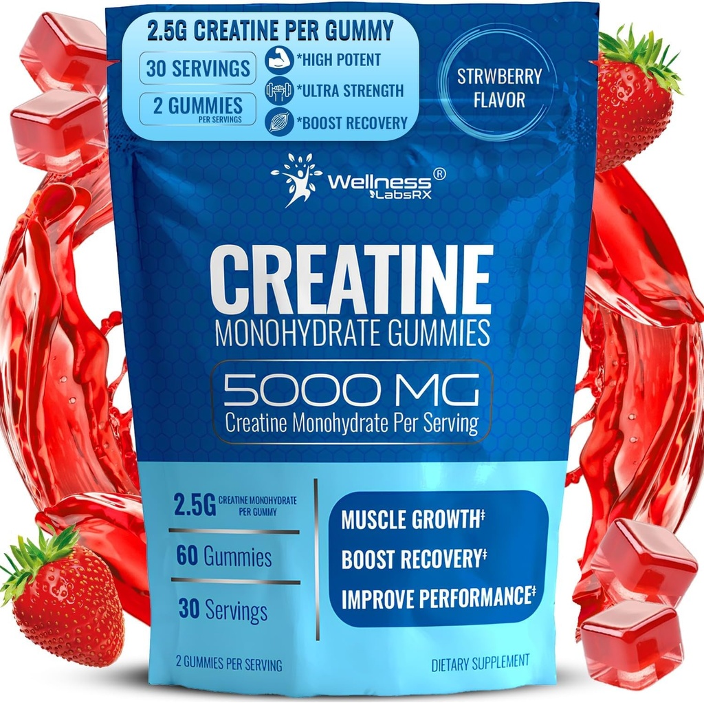 Creatinine Gummies 5000mg, 30 Servere Creatinine Monohydrat Gummies - Third- Party Testet Creatin for kvinder, Strawberry Flavor Creatin for mænd, muskelvækst, styrke og inddrivelse - pakke med 1