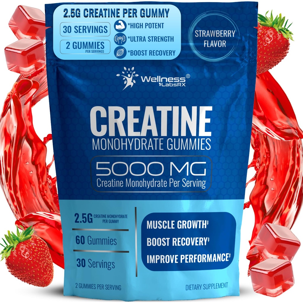 WELLENess LASSRX Creatinine Gummies 5000mg, 30 Servere Creatinine Monohydrat Gummies, Strawberry Flavor Creatin for Mænd - pakke med 2
