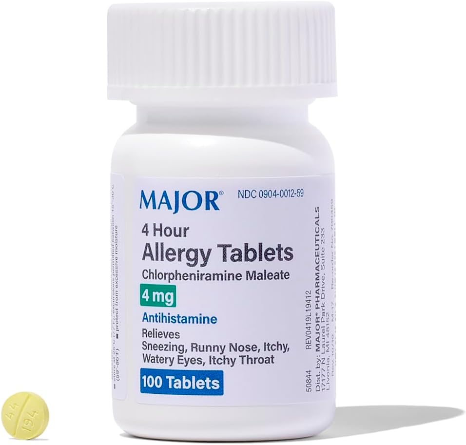 MAJOR 4 Mg Allergi tabletter - Chlorpheniramin Maleate 4-timers Allergi medicin - Antihistamin for lindring af nysen, Itchy Watery Eyes, Itchy Throat, og Runny Næse - 100 Greve (1 pakke)