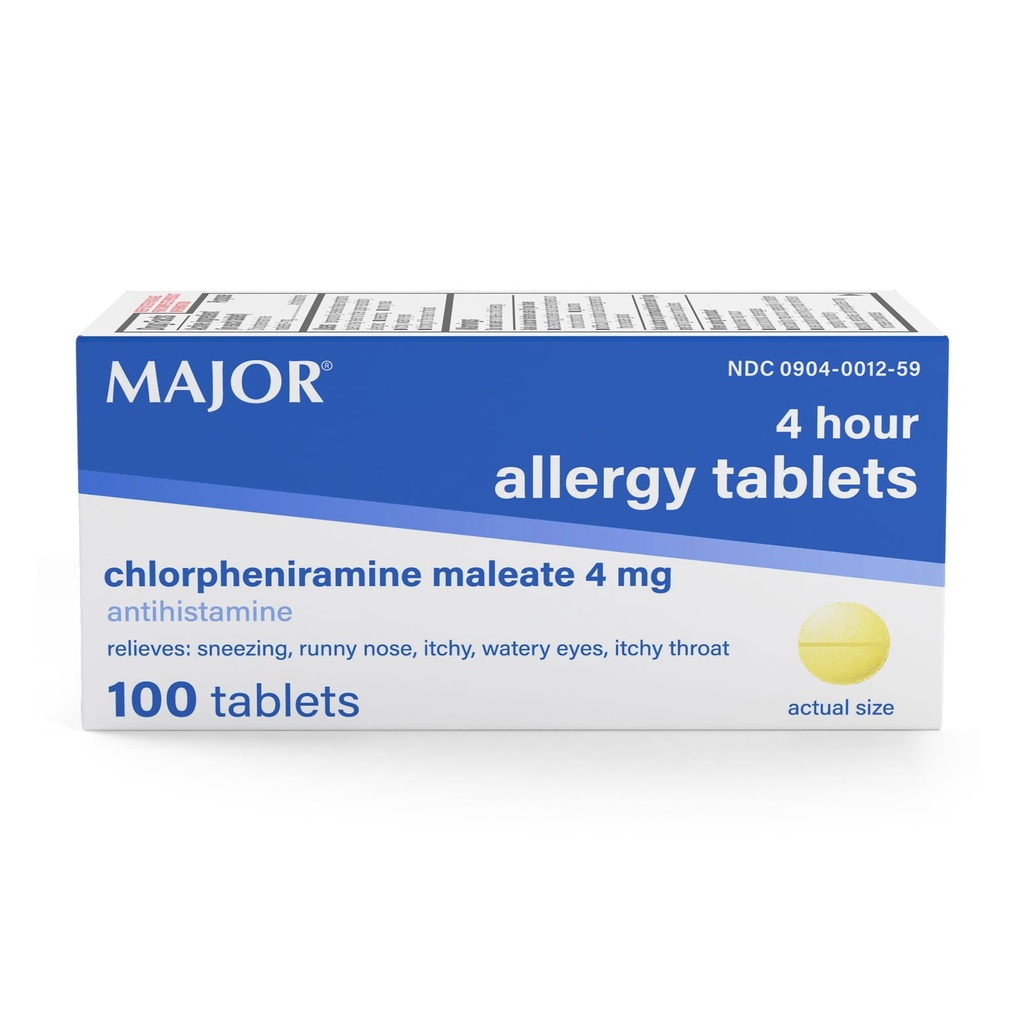 MAJOR 4 Mg Allergi tabletter - Chlorpheniramin Maleate 4-timers Allergi medicin - Antihistamin for lindring af nysen, Itchy Watery Eyes, Itchy Throat, og Runny Næse - 100 Greve (1 pakke)