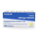 MAJOR 4 Mg Allergi tabletter - Chlorpheniramin Maleate 4-timers Allergi medicin - Antihistamin for lindring af nysen, Itchy Watery Eyes, Itchy Throat, og Runny Næse - 100 Greve (1 pakke)