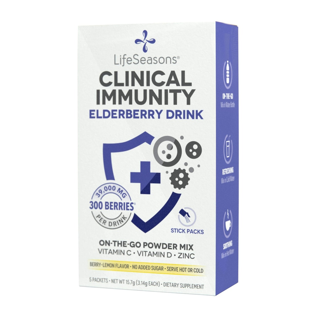 LifeSeasons Clinical Immunity - Elderberry Drink Mix - Beskytter og kæmper for sund immunforsvar - Immunitet Booster - 3X bedre end C-vitamin - Server varm eller kold - C-vitamin + D + zink - (5 Pack)