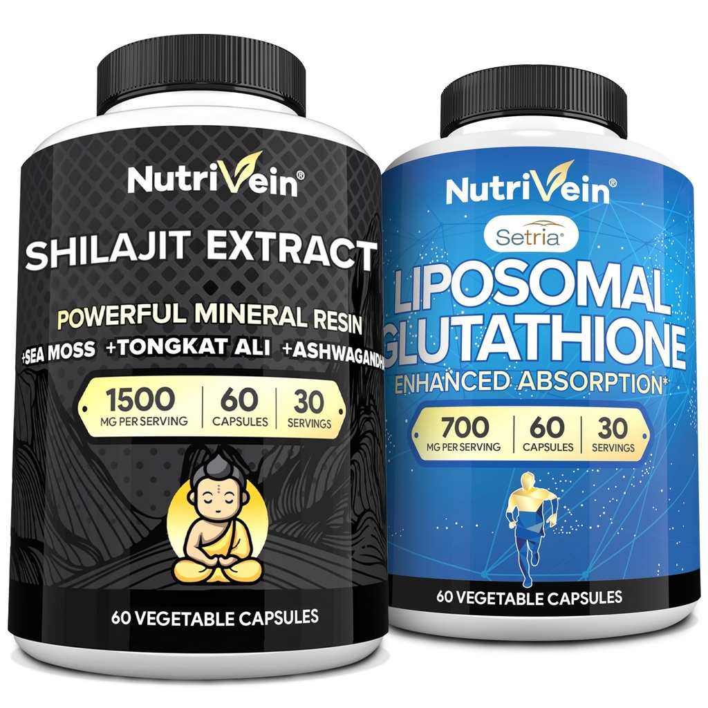 Nutrivein Premium Shilajit Capsules & Liposomal Glutathion Supplement Bundle: High- Absorption Glutathione Liposomal & Shilajit Capsules for Men & Kvinder - Lever, Detox, & Vitality